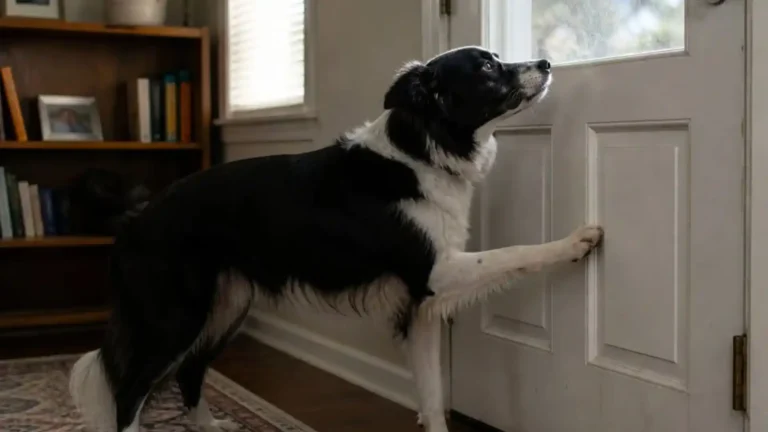 Anxious black dog scratching front door from separation anxiety