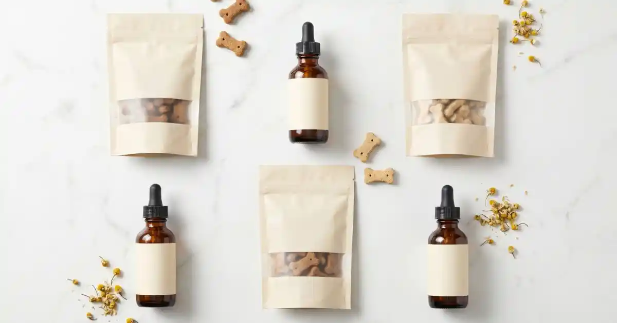 Six different dog calming treat products arranged flat lay on white marble surface for comparison