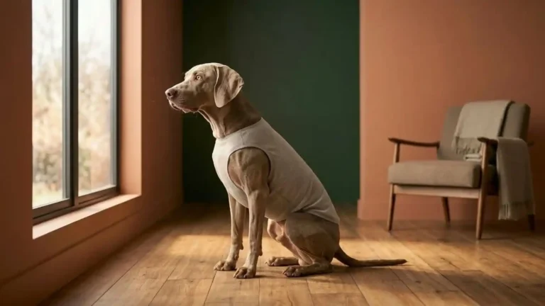 Dog wearing anxiety wrap sitting by window