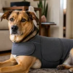 Dog wearing a ThunderShirt anxiety wrap lying down calmly