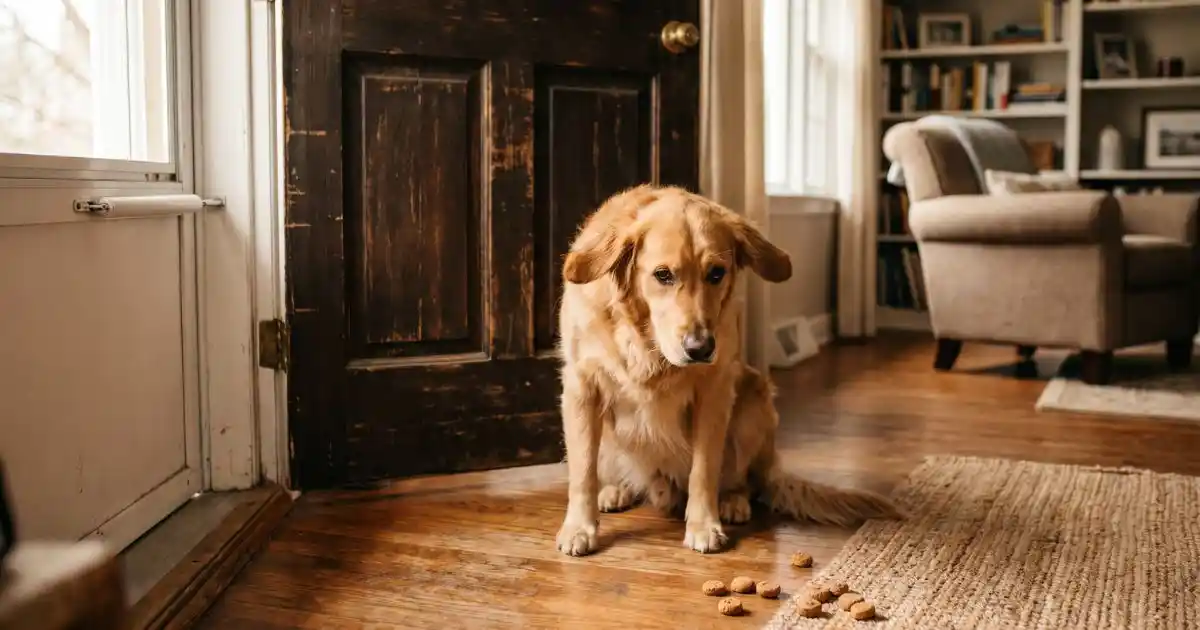 Anxious golden retriever sitting by a closed front door with calming dog treats nearby on hardwood floor