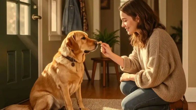 Owner training dog with treats near front door