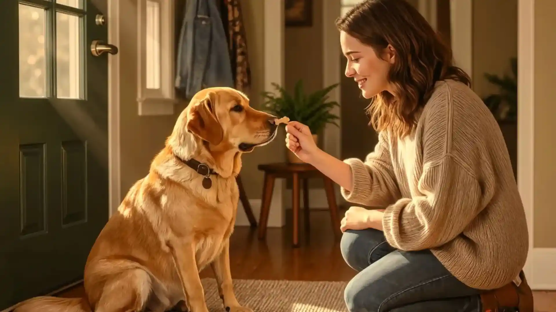 Owner training dog with treats near front door