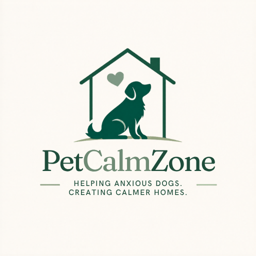 PetCalmZone logo with the taglines "HELPING ANXIOUS DOGS" and "CREATING CALMER HOMES" – support for dogs with separation anxiety.