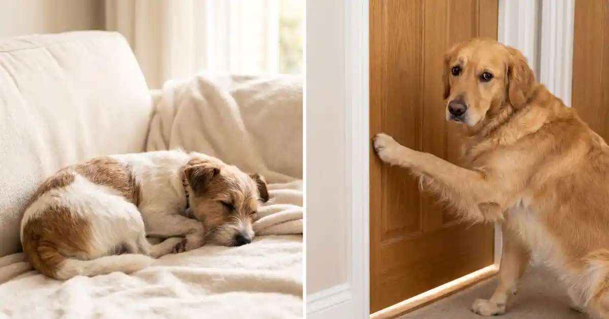 Two dogs illustrating mild versus severe separation anxiety - one calm on a couch, one anxious pawing at a door