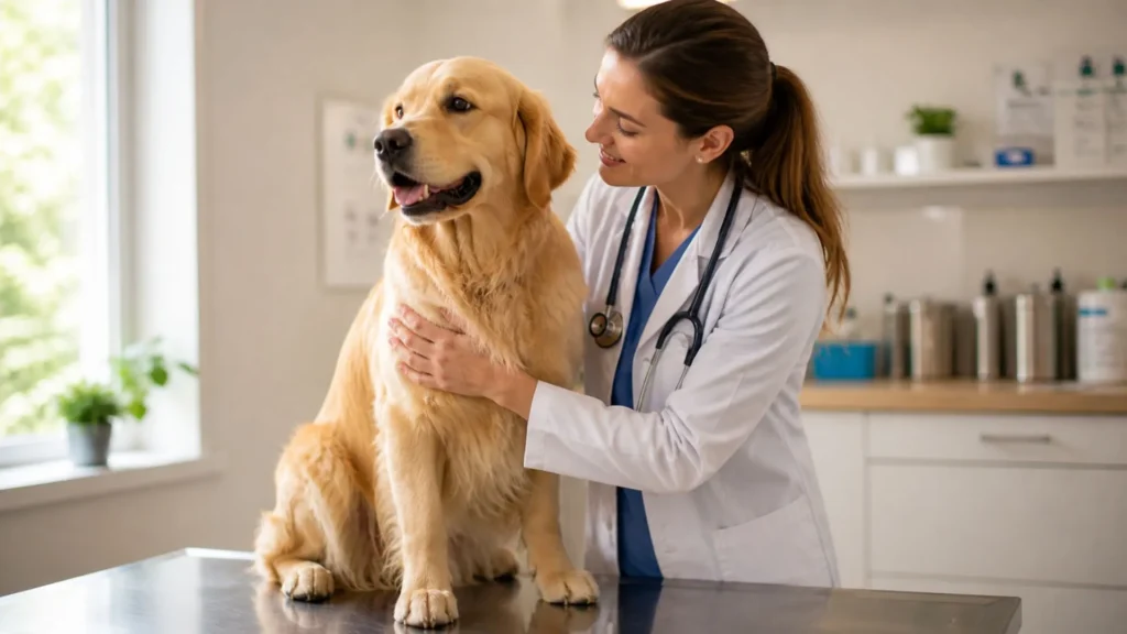 anxiety medication for dogs female vet examining golden retriever