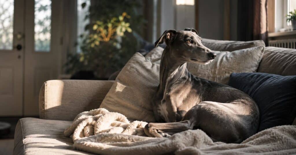 Why does my dog howl when I leave — anxious dog lying alone on the couch