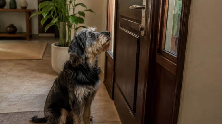 Anxious dog waiting by the front door showing signs of separation anxiety