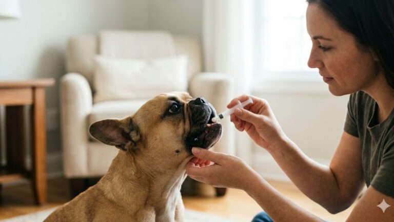 Owner giving a pill to a dog considering Benadryl for anxiety