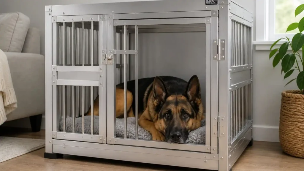 best anxiety dog crate - german shepherd calm inside a heavy-duty aluminum enclosure