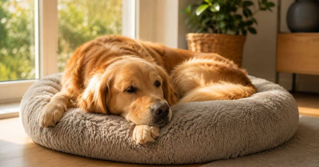 relaxed golden retriever lying calmly on a dog bed near a window, one of the best calming aids for dogs with separation anxiety
