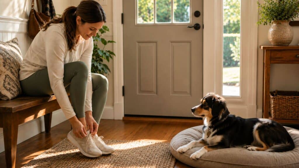 departure cue desensitization - owner practicing how to train dog with separation anxiety step by step