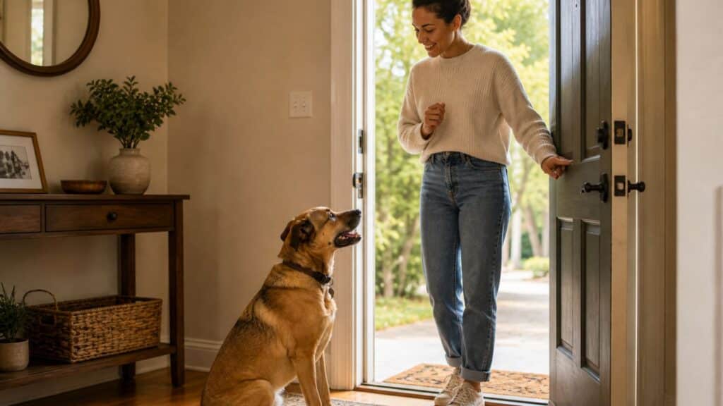 dog separation anxiety treatment — owner at door practicing departure desensitization