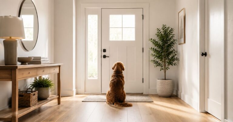 Dog sitting by the front door watching owner leave with signs of separation anxiety