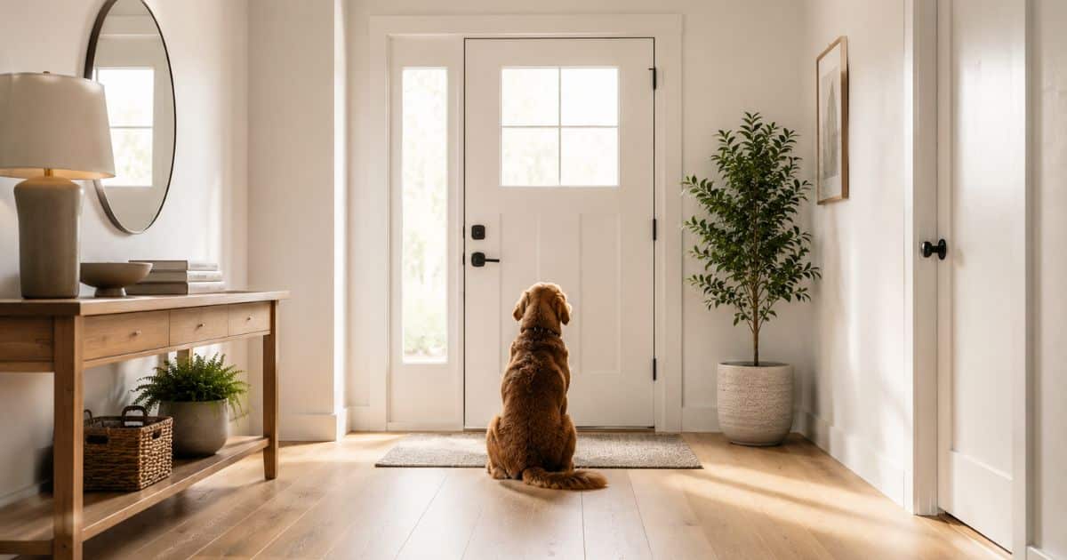 Dog sitting by the front door watching owner leave with signs of separation anxiety