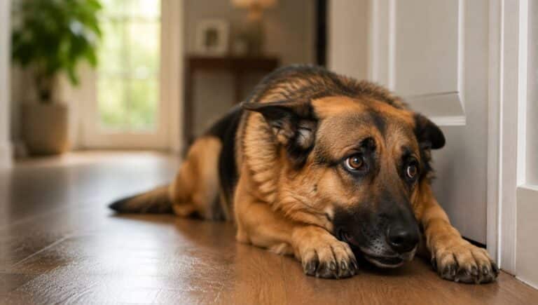 German Shepherd Anxiety: dog lying on a wooden floor looking stressed, ears back, panting slightly, indoor home setting