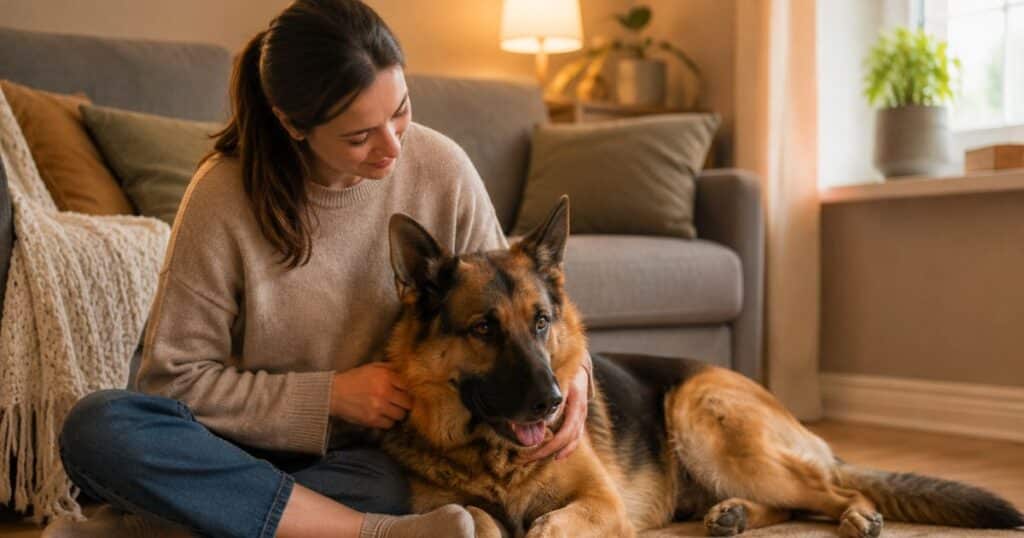 German Shepherd Anxiety relief - person sitting calmly on the floor gently petting a relaxed German Shepherd, cozy living room