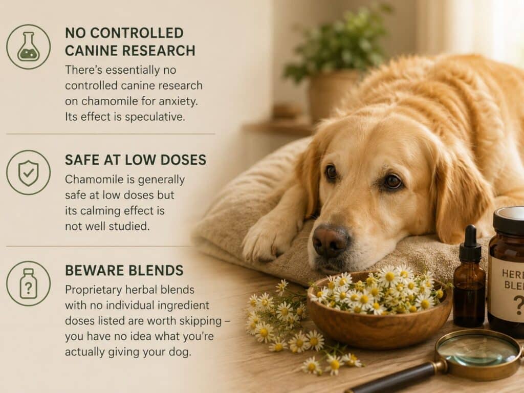 Natural medication for dogs with anxiety shown with a calm golden retriever resting beside chamomile flowers and herbal calming supplements in a cozy indoor setting.