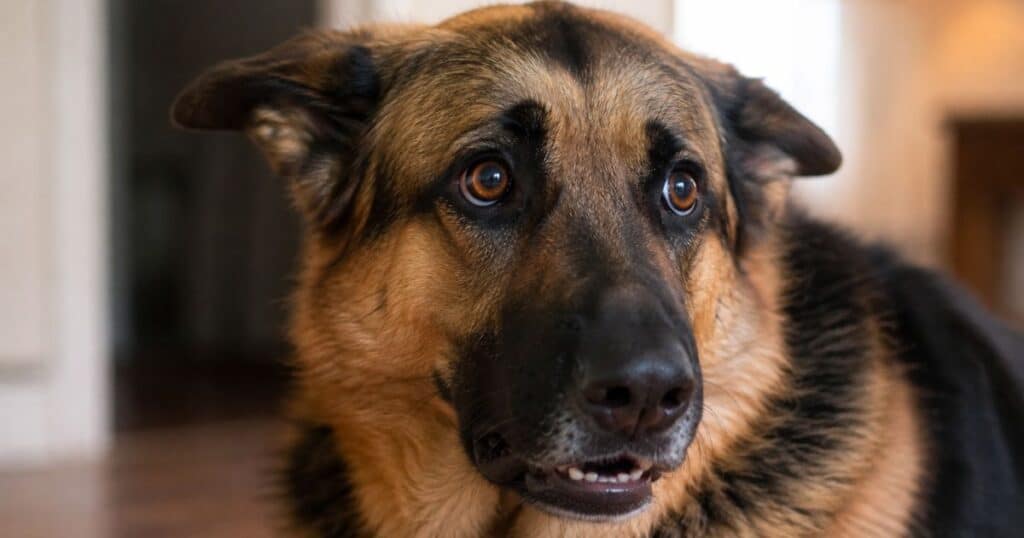 German Shepherd Anxiety - Close-up of a German Shepherd's face showing signs of stress, ears pinned back, wide eyes, slightly open mouth