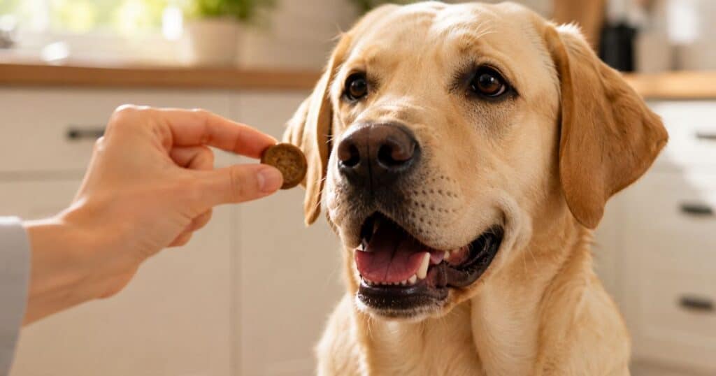 owner hand feeding calming soft chew treat to a labrador retriever