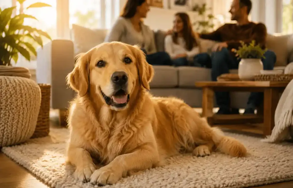 Relaxed Golden Retriever resting comfortably at home after successful anxiety management.
