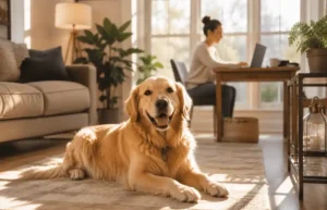Golden retriever resting calmly on a couch
