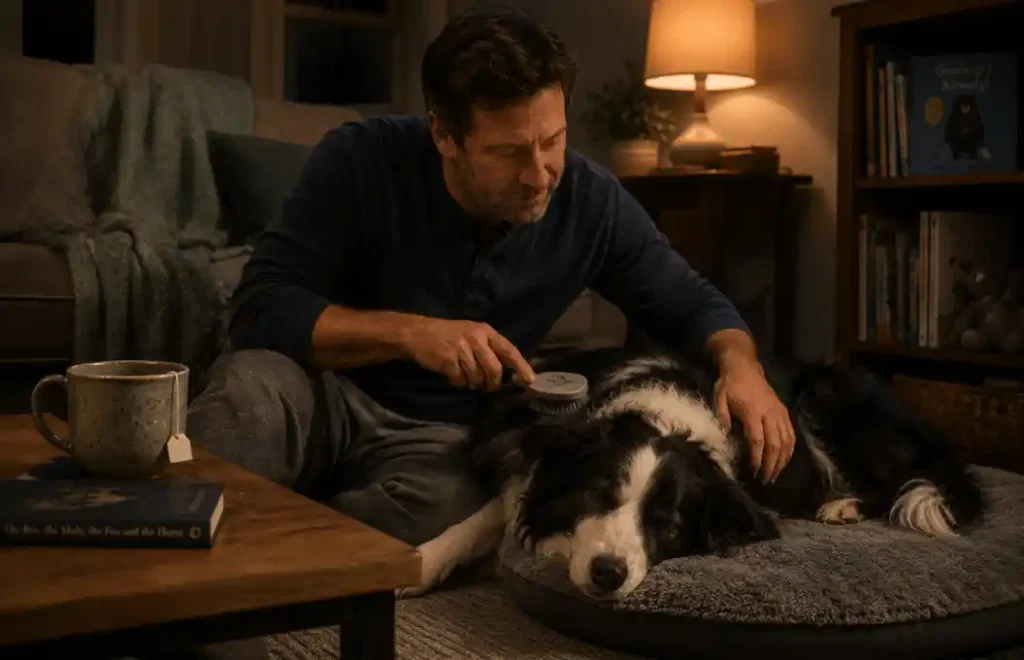 Calm Dog at Night following a relaxing bedtime routine with owner