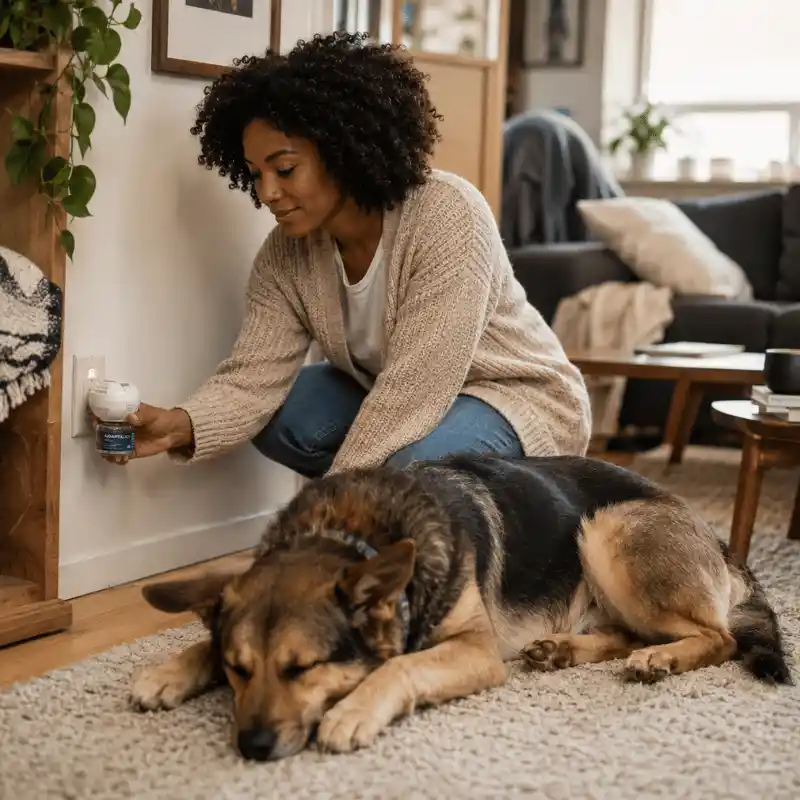 Dog owner plugging in Adaptil diffuser while dog relaxes nearby