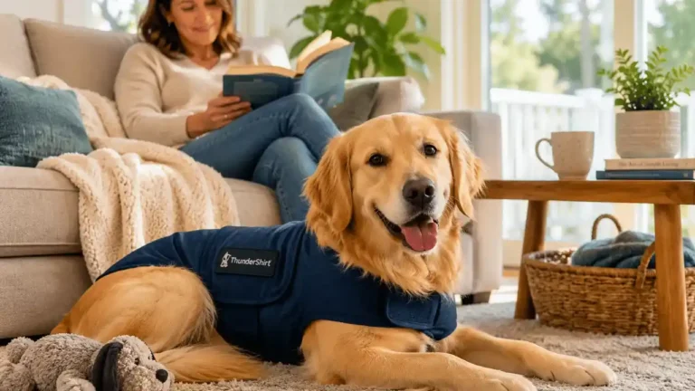 Golden Retriever wearing an anxiety wrap while resting calmly beside its owner at home.