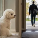 Bichon Frise with separation anxiety watching owner leave home