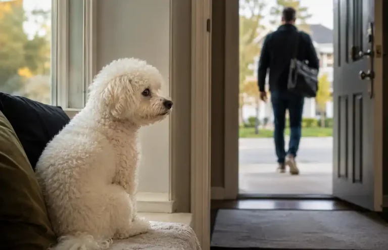 Bichon Frise with separation anxiety watching owner leave home