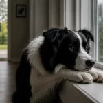 Border Collie separation anxiety – anxious dog watching its owner leave through the front door from a window