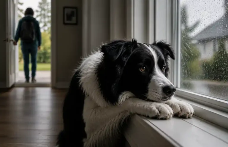 Border Collie separation anxiety – anxious dog watching its owner leave through the front door from a window