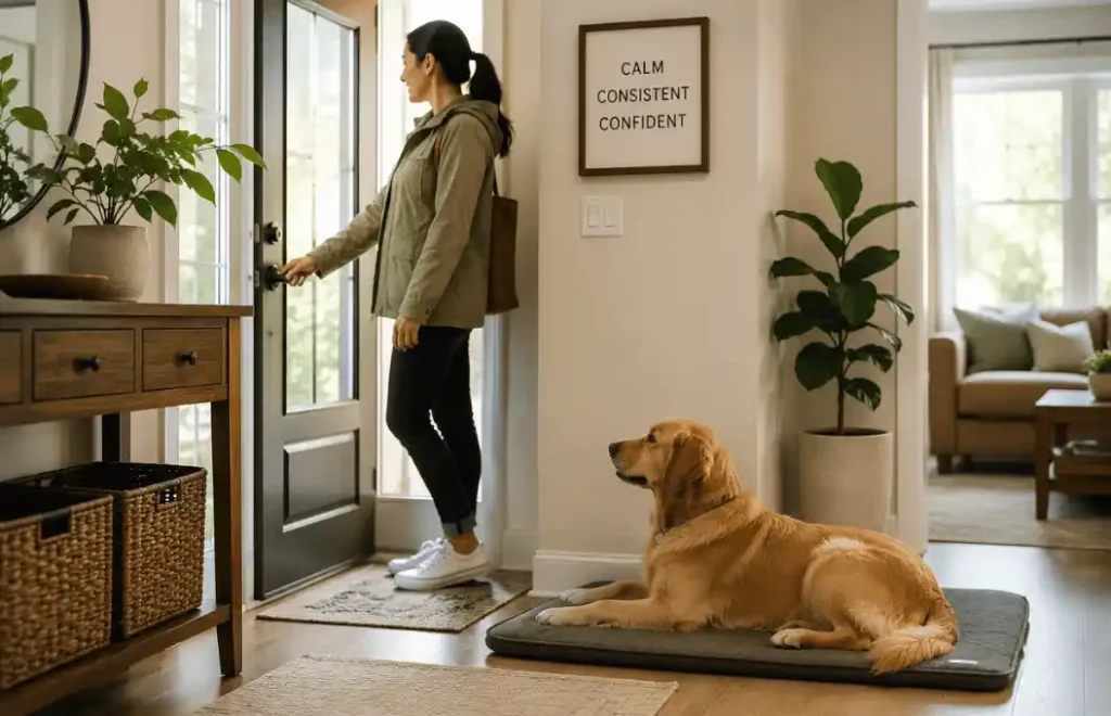 Pet owner practicing calm departure exercises with a Golden Retriever near the front entrance.