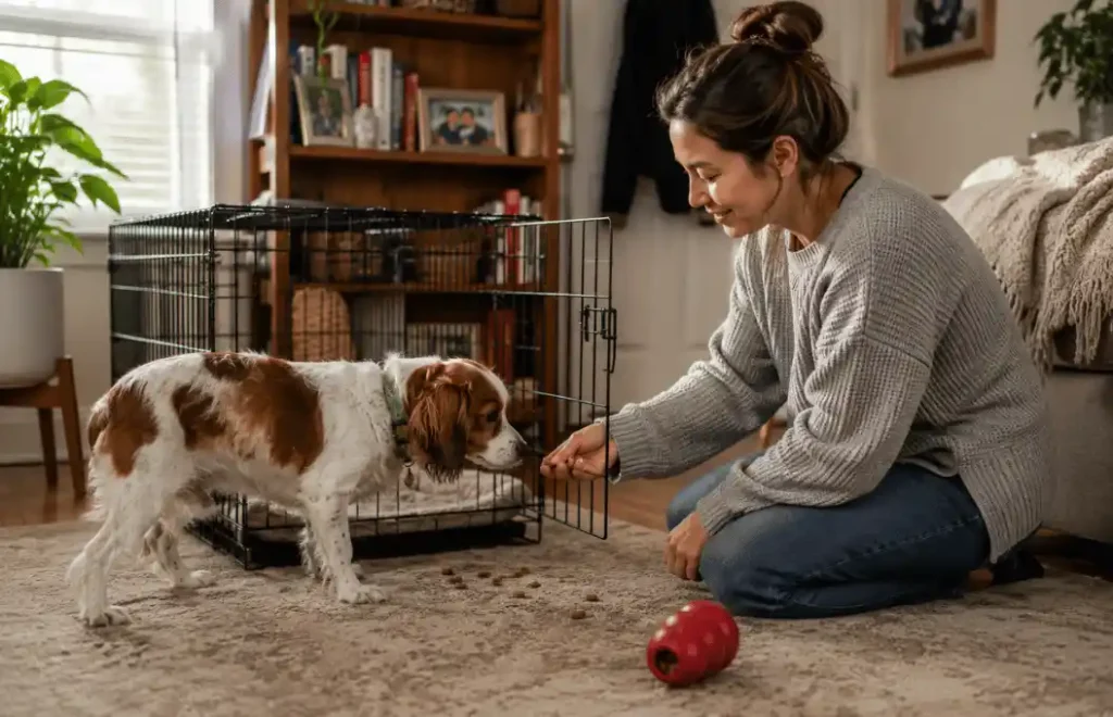 Crate training introduced gradually with treats and positive reinforcement