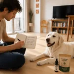 Golden Retriever comparing CBD oil dropper and calming chews for dog anxiety relief