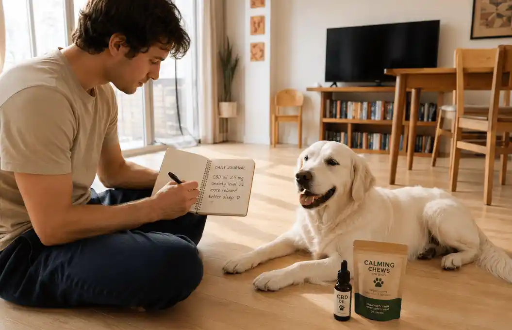 Golden Retriever comparing CBD oil dropper and calming chews for dog anxiety relief