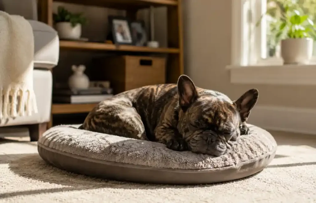 Relaxed French Bulldog resting peacefully on a dog bed after anxiety training