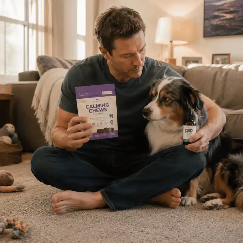 Dog owner choosing between calming chews for dogs with anxiety and CBD oil at home