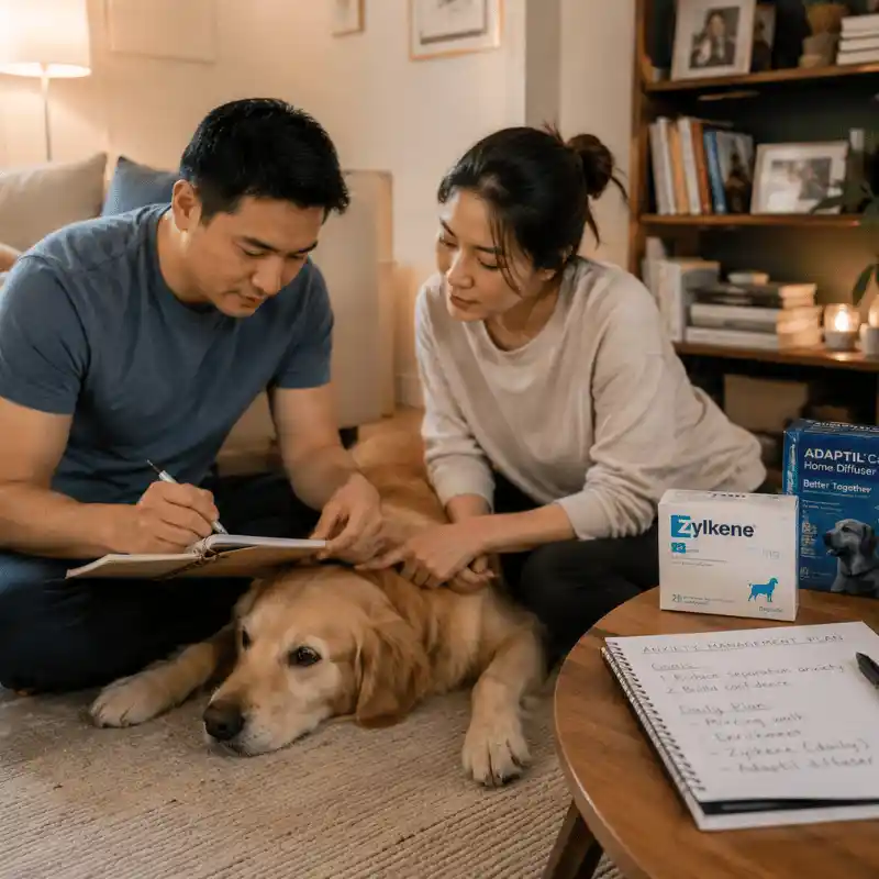 Dog owner using both Zylkene and Adaptil as part of anxiety management plan