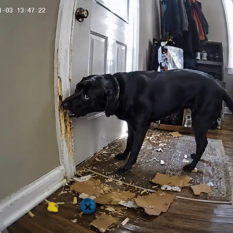 Labrador retriever chewing door frame during owner's absence