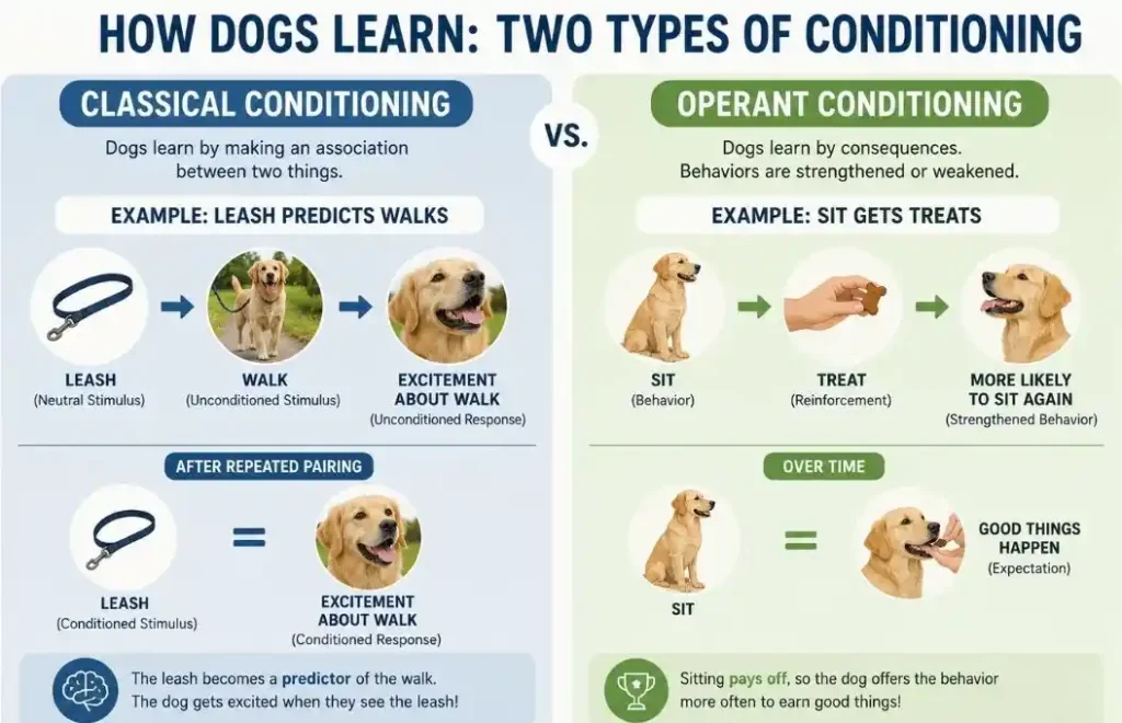 Infographic comparing classical and operant conditioning in dog training.