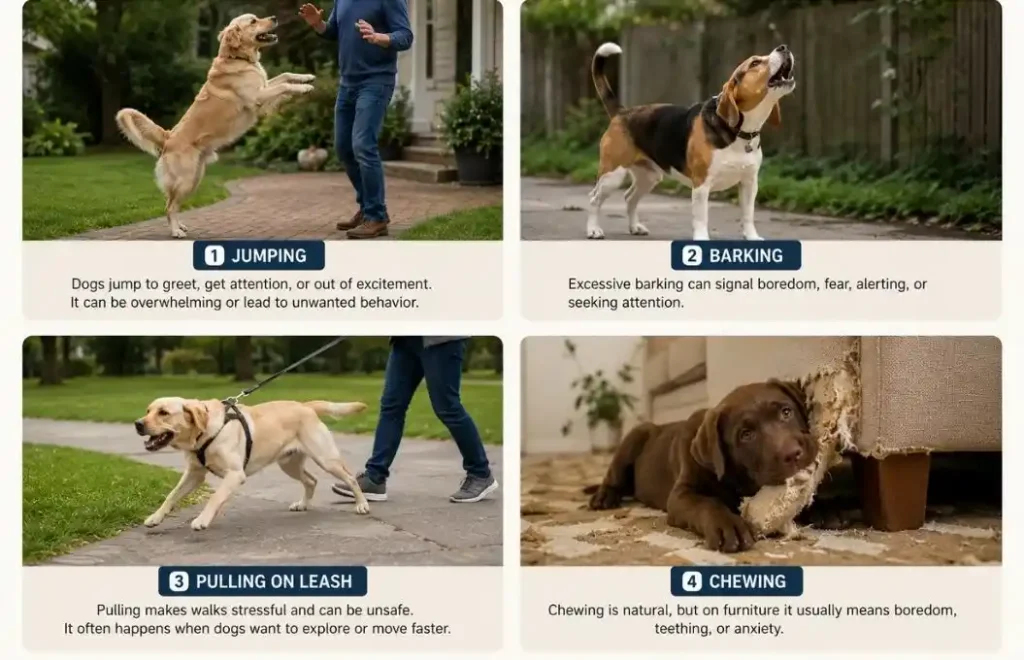 Illustration showing common dog behavior issues.