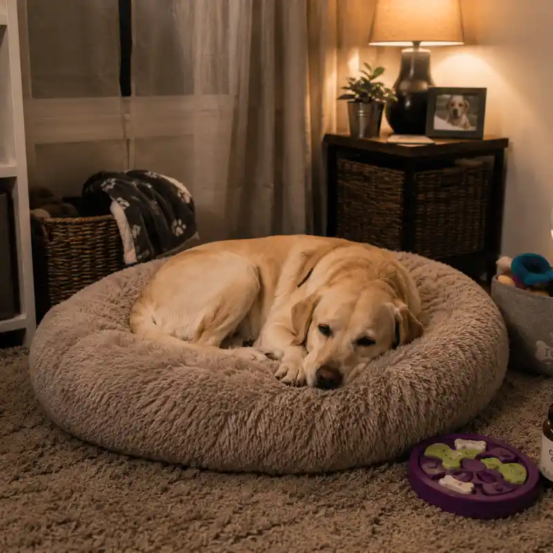 Labrador resting on calming dog bed with supportive anxiety aids nearby