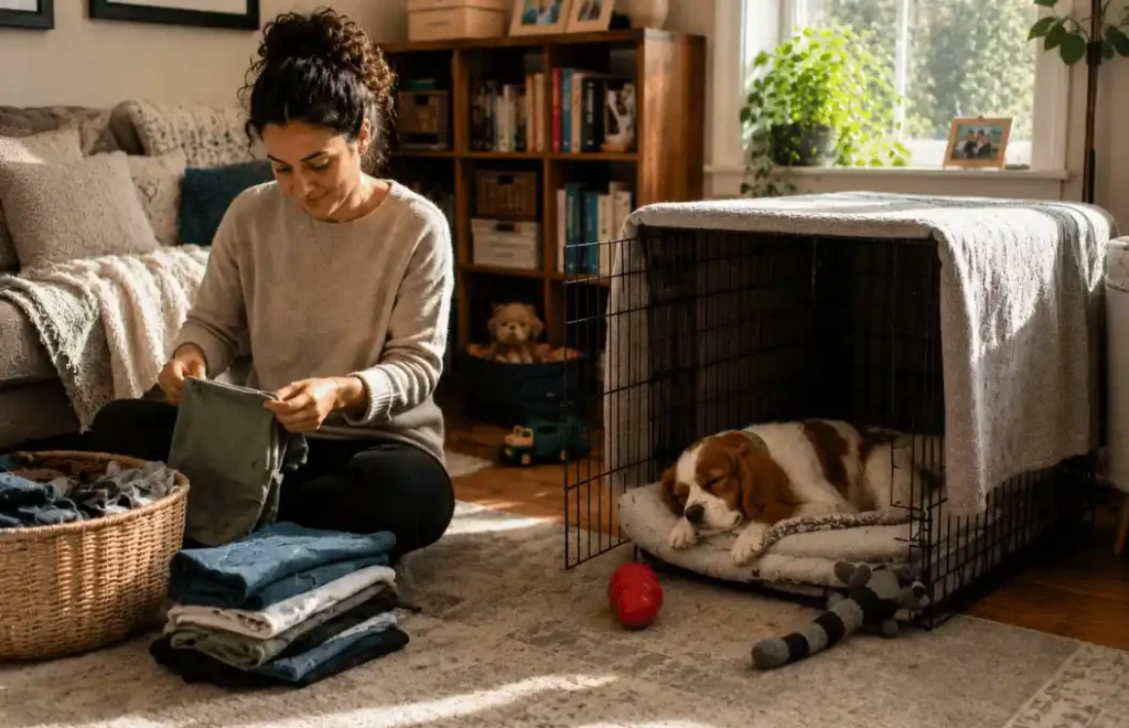 Crate training setup with bedding cover and enrichment toys for anxious dogs