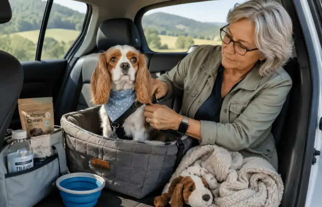 Dog car anxiety managed with calming aids and safe travel setup