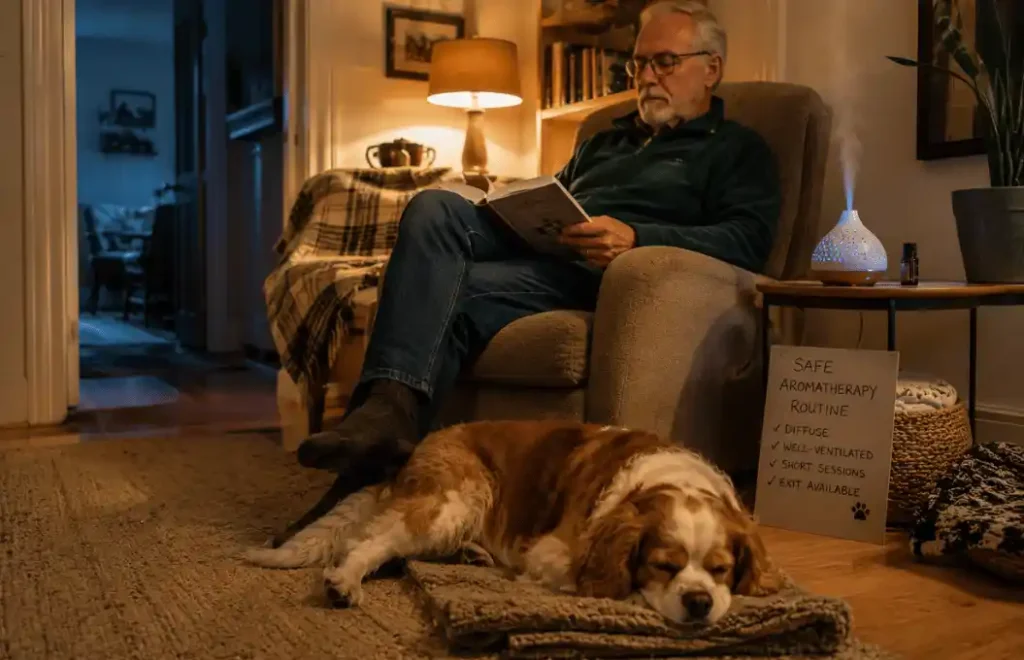 Essential Oils for Dog Anxiety diffused safely while dog relaxes nearby