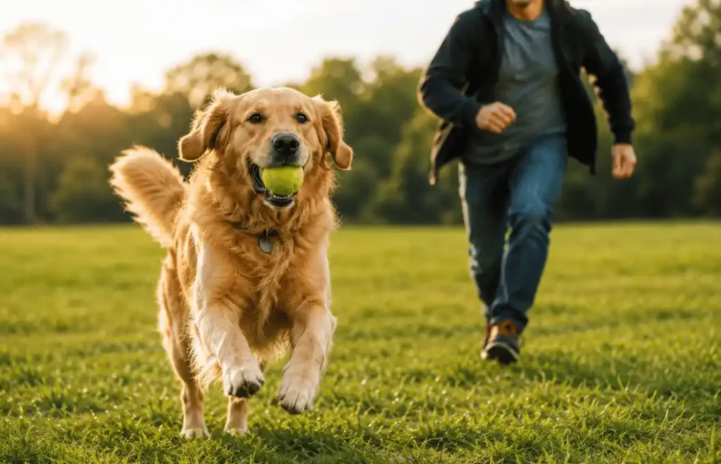 Golden Retriever joyfully playing fetch outdoors as part of a healthy anxiety management routine.