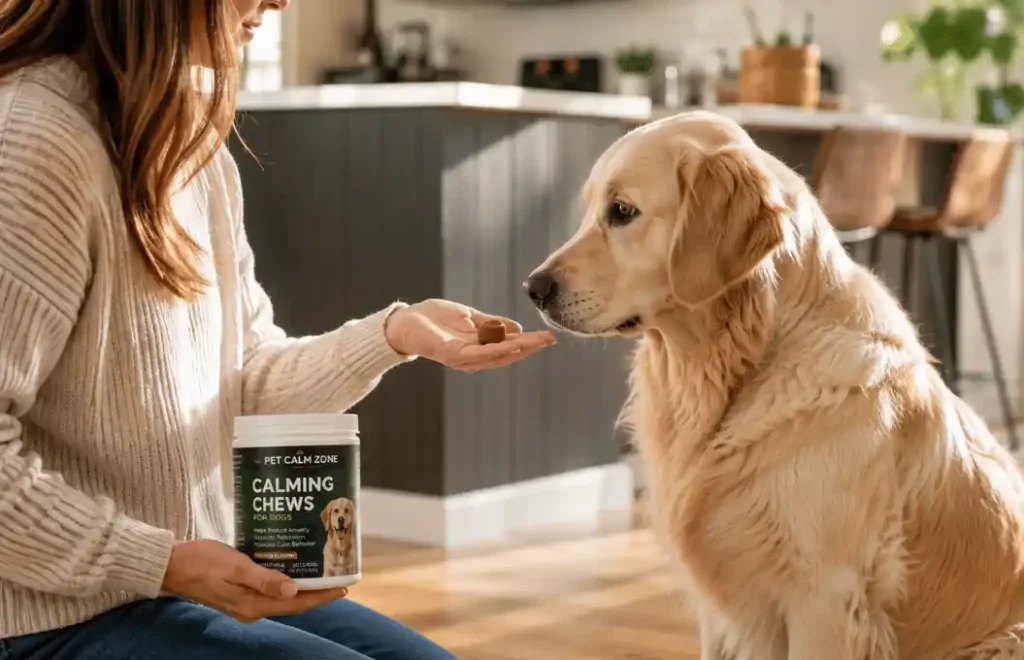 Dog owner offering a calming chew to a relaxed dog in a bright home setting while considering natural anxiety relief options.