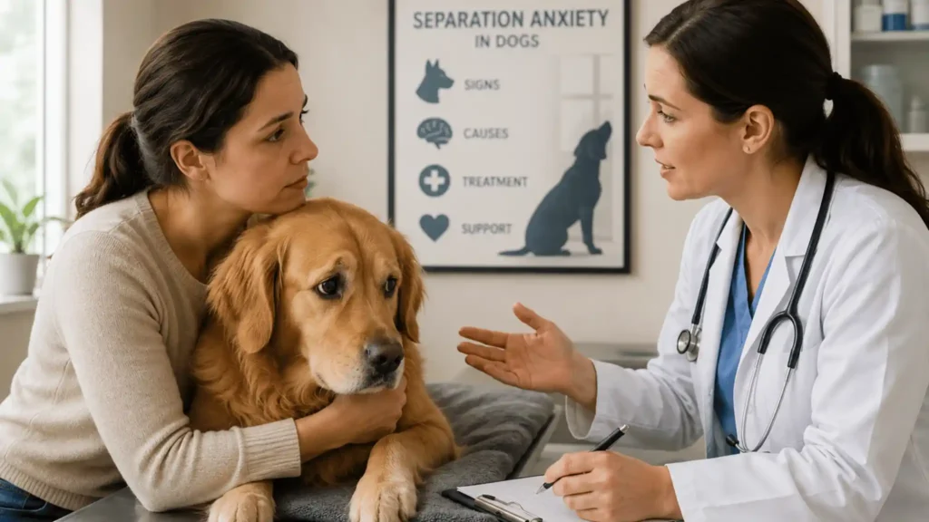 For severe cases, a veterinary behaviorist or vet-prescribed medication (fluoxetine, clomipramine) can help reach a functional baseline where behavioral work can succeed. Medication and behavioral training together outperform either approach alone in severe cases.